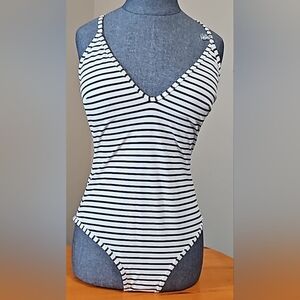 Black and White Striped One-Piece Swimsuit Size Large